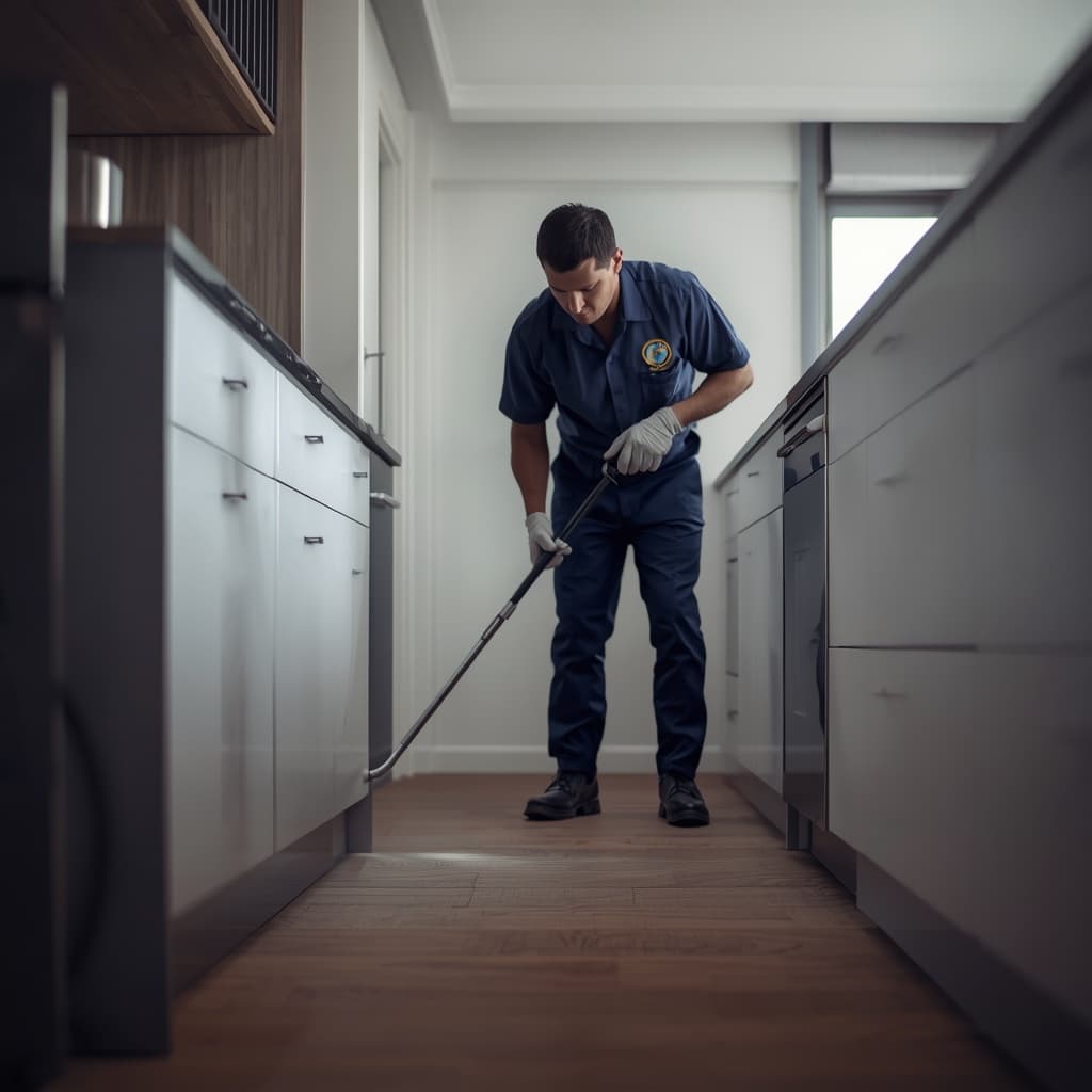 Pest control technician treating a residential kitchen for cockroach activity