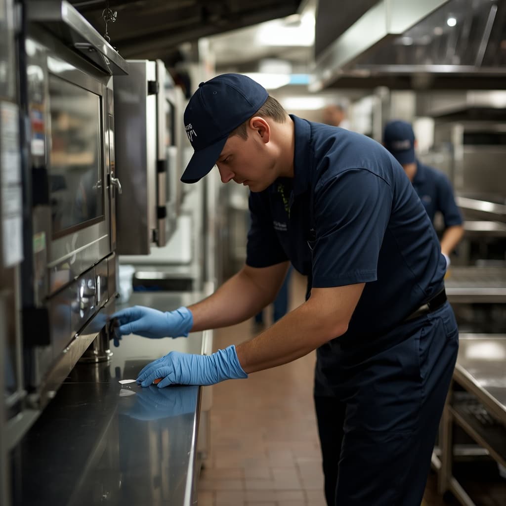 Pest control technician inspecting a commercial kitchen