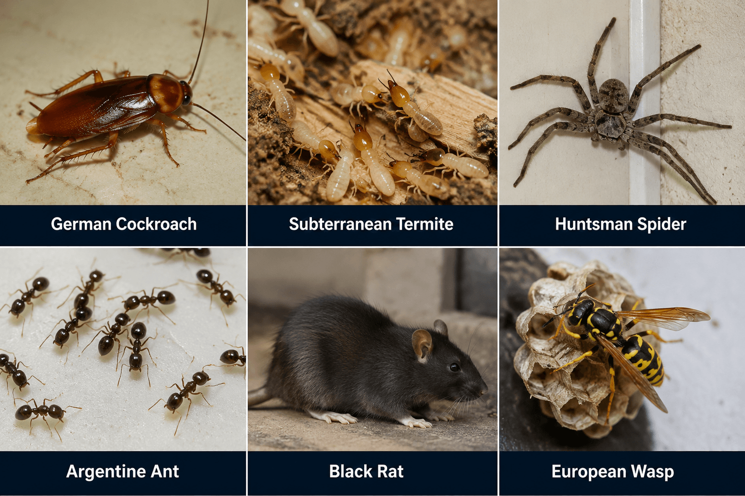 Pest identification guide showing German cockroach, subterranean termite, huntsman spider, Argentine ant, black rat and European wasp